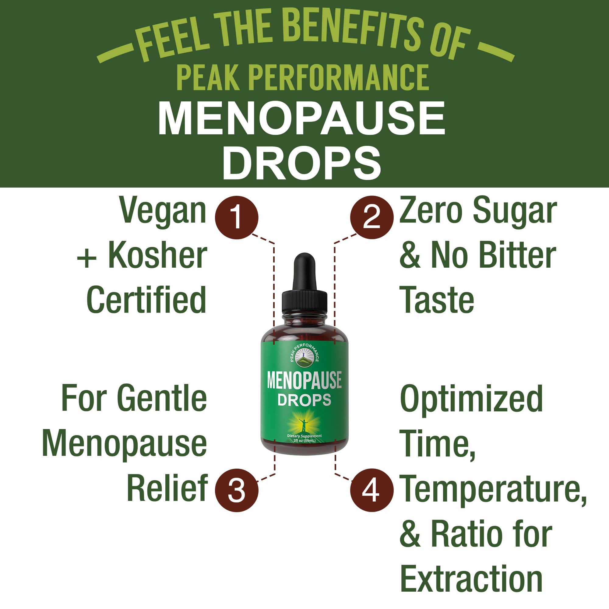 Peak Performance 7 in 1 vegan liquid supplement bottle showing ingredients like black cohosh and wild yam.