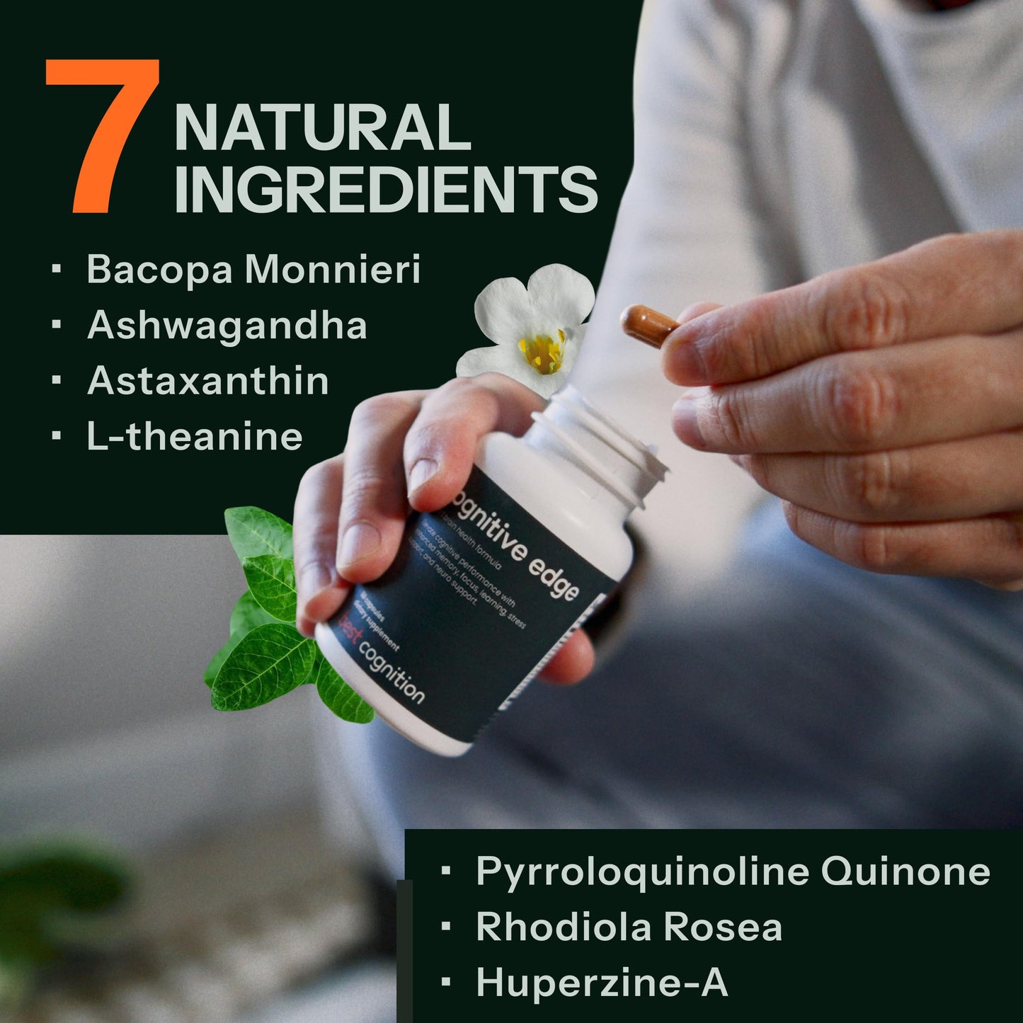 Full packaging display of Best Cognition Cognitive Edge Bacopa Memory Supplement emphasizing its non-GMO vegan attributes.