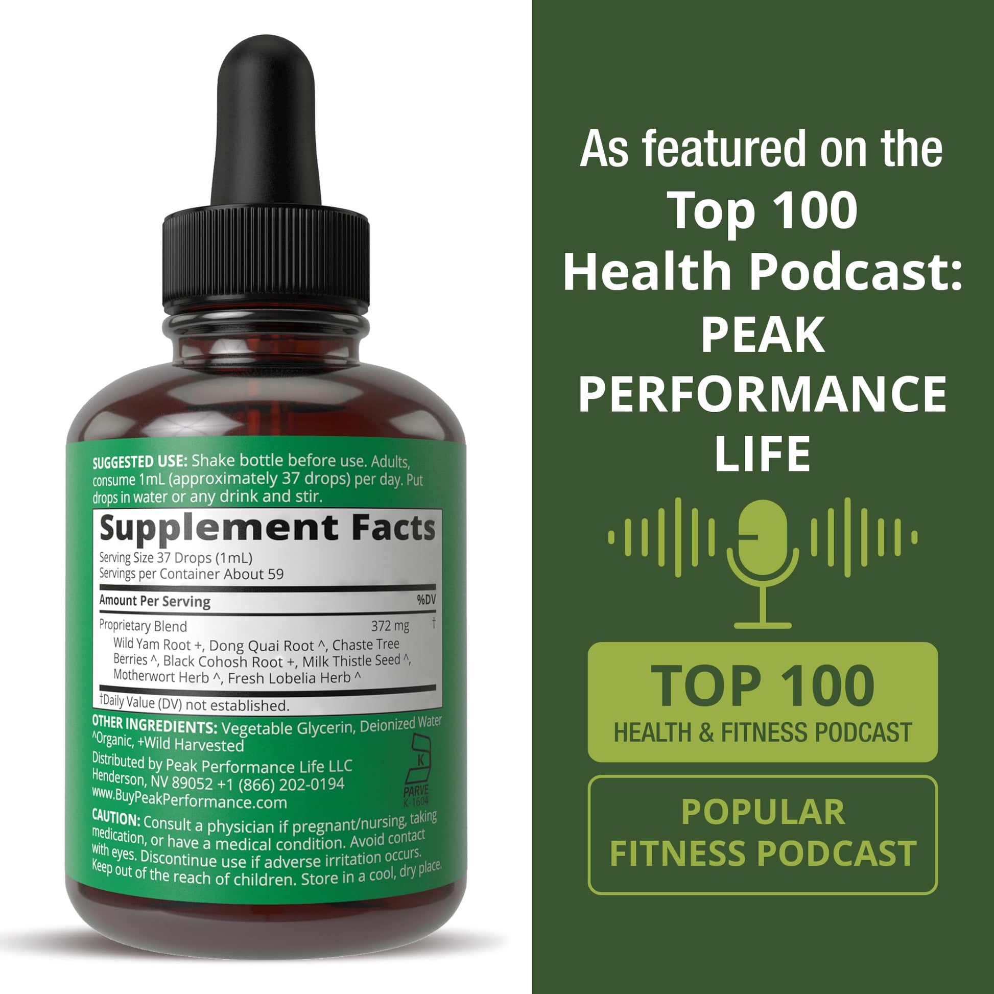 Back label view of Peak Performance menopause support liquid detailing nutritional facts and dosage instructions.