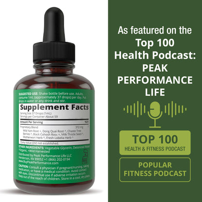 Back label view of Peak Performance menopause support liquid detailing nutritional facts and dosage instructions.