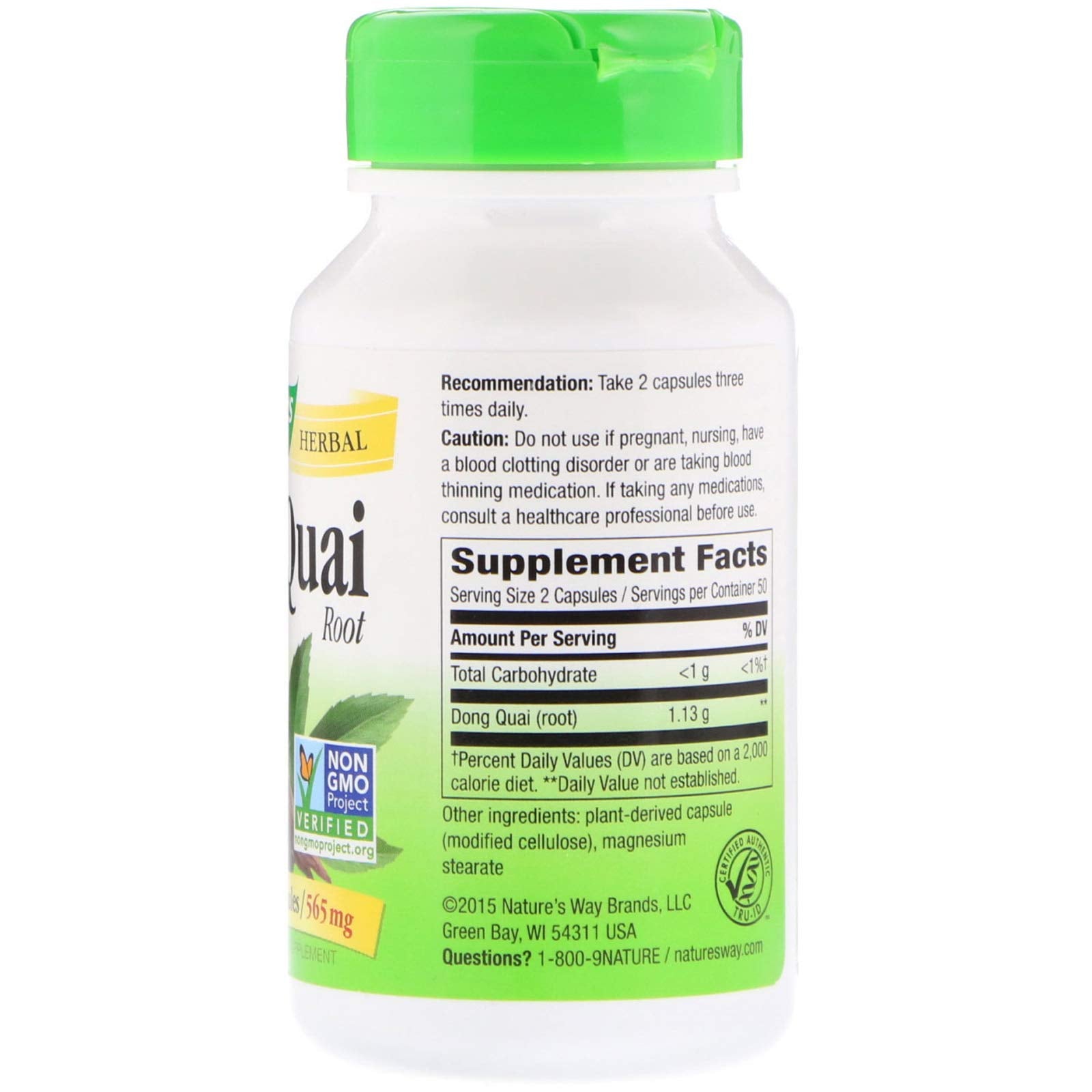 Nature's Way Dong Quai Root supplement bottle packaging displaying ingredients and nutritional facts panel