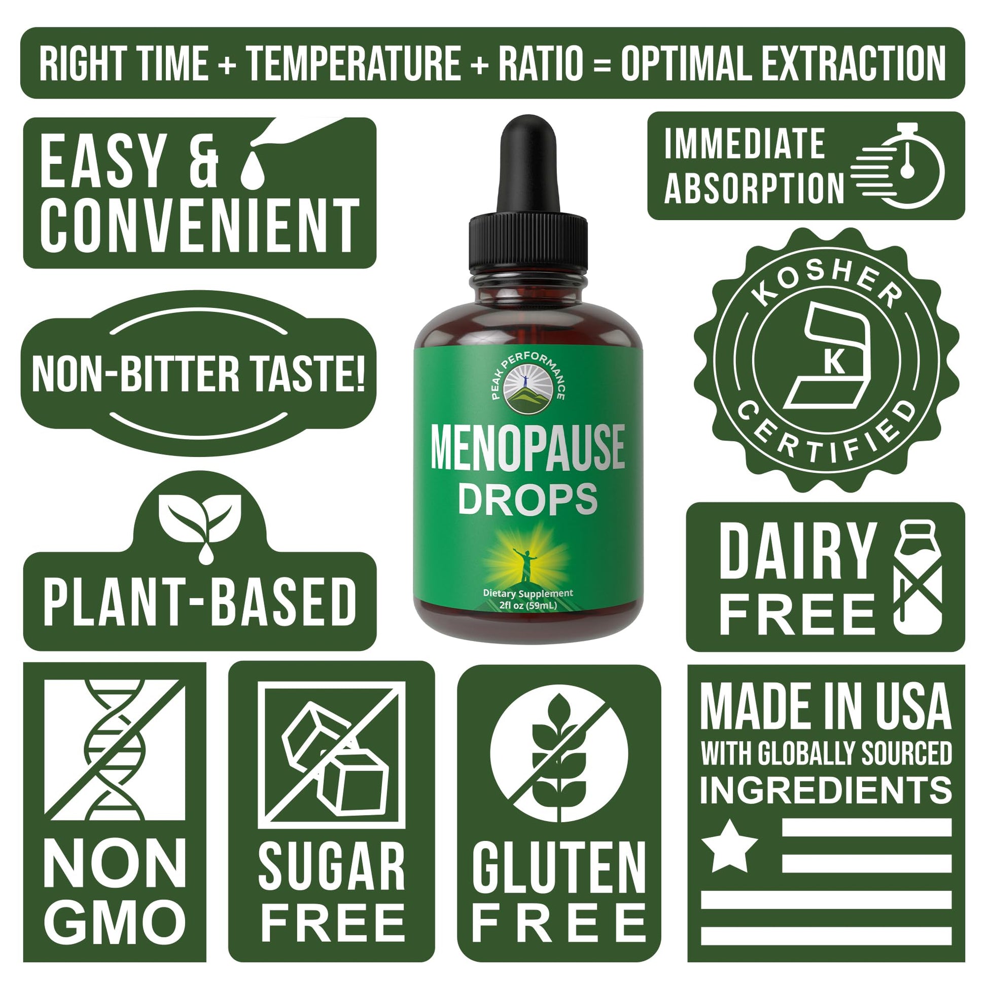 Authentic Peak Performance menopause support liquid drops lifestyle display showcasing product packaging.