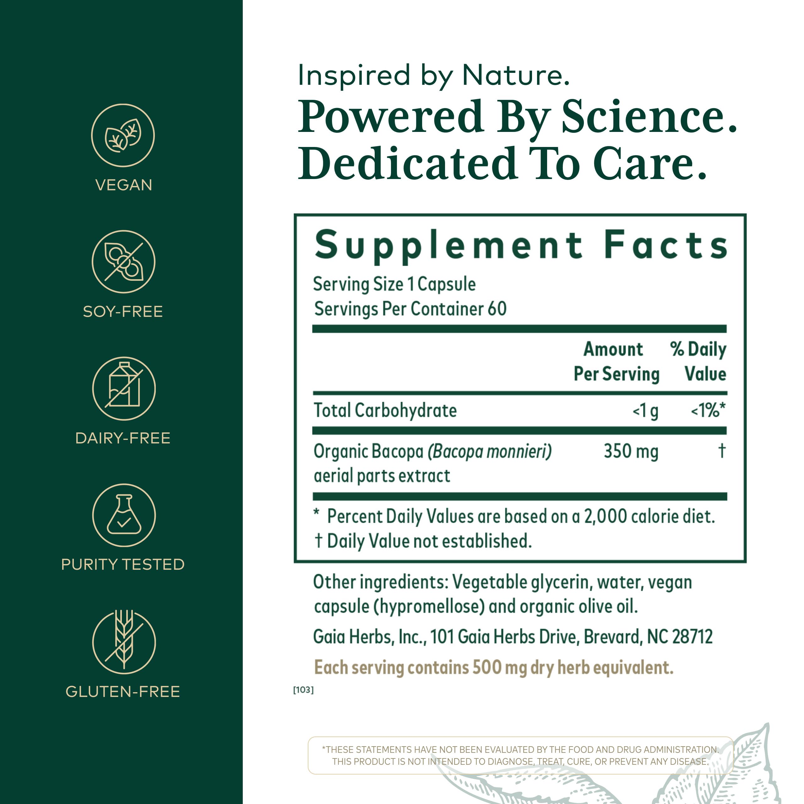 Gaia Herbs PRO Bacopa liquid phyto-capsules organic supplement facts label and ingredient details