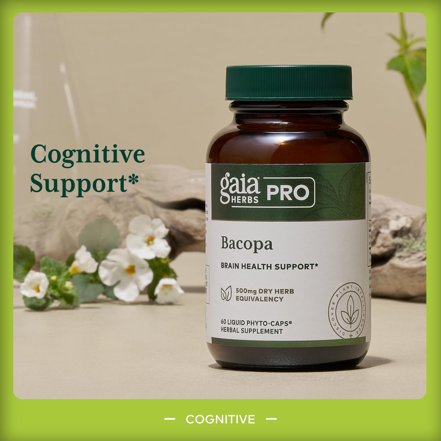 Side profile of Gaia Herbs PRO Bacopa 500mg bottle displaying professional line certification icons