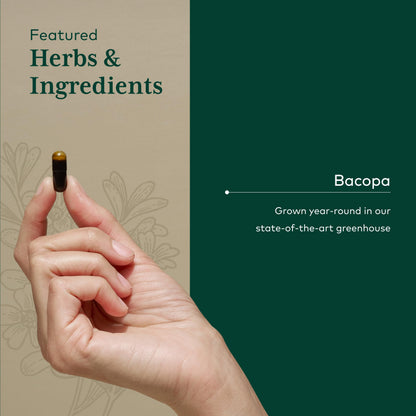 Authentic Gaia Herbs PRO Bacopa nootropic supplement bottle angled to display vegan capsule details