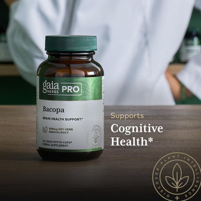 Close up view of premium Gaia Herbs PRO Brahmi herbal extract capsules on a neutral background