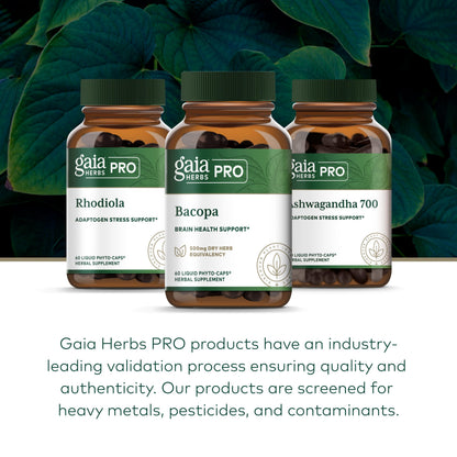 Gaia Herbs PRO Bacopa brain and cognitive support bottle showcasing the 60 vegetarian liquid caps count