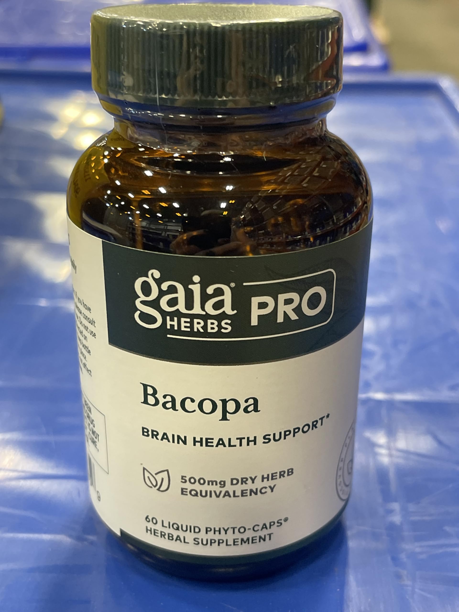Gaia Herbs PRO Bacopa 500mg bottle showing batch tracking and traceability information for purity verification