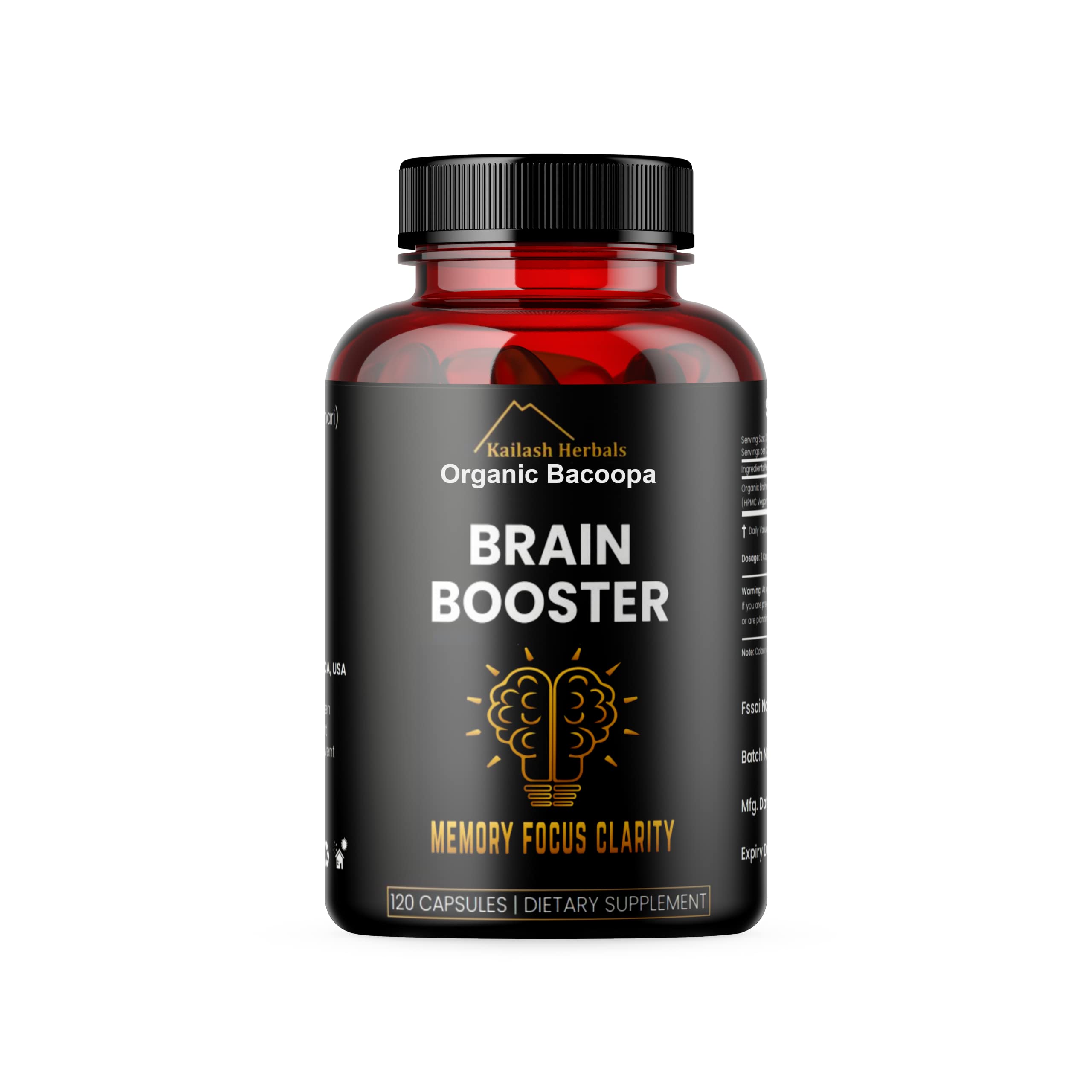 Supplement facts label on the back of Kailash Herbals Brahmi nootropic bottle showing organic ingredients.