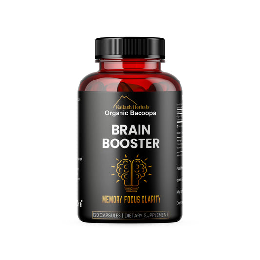 Supplement facts label on the back of Kailash Herbals Brahmi nootropic bottle showing organic ingredients.