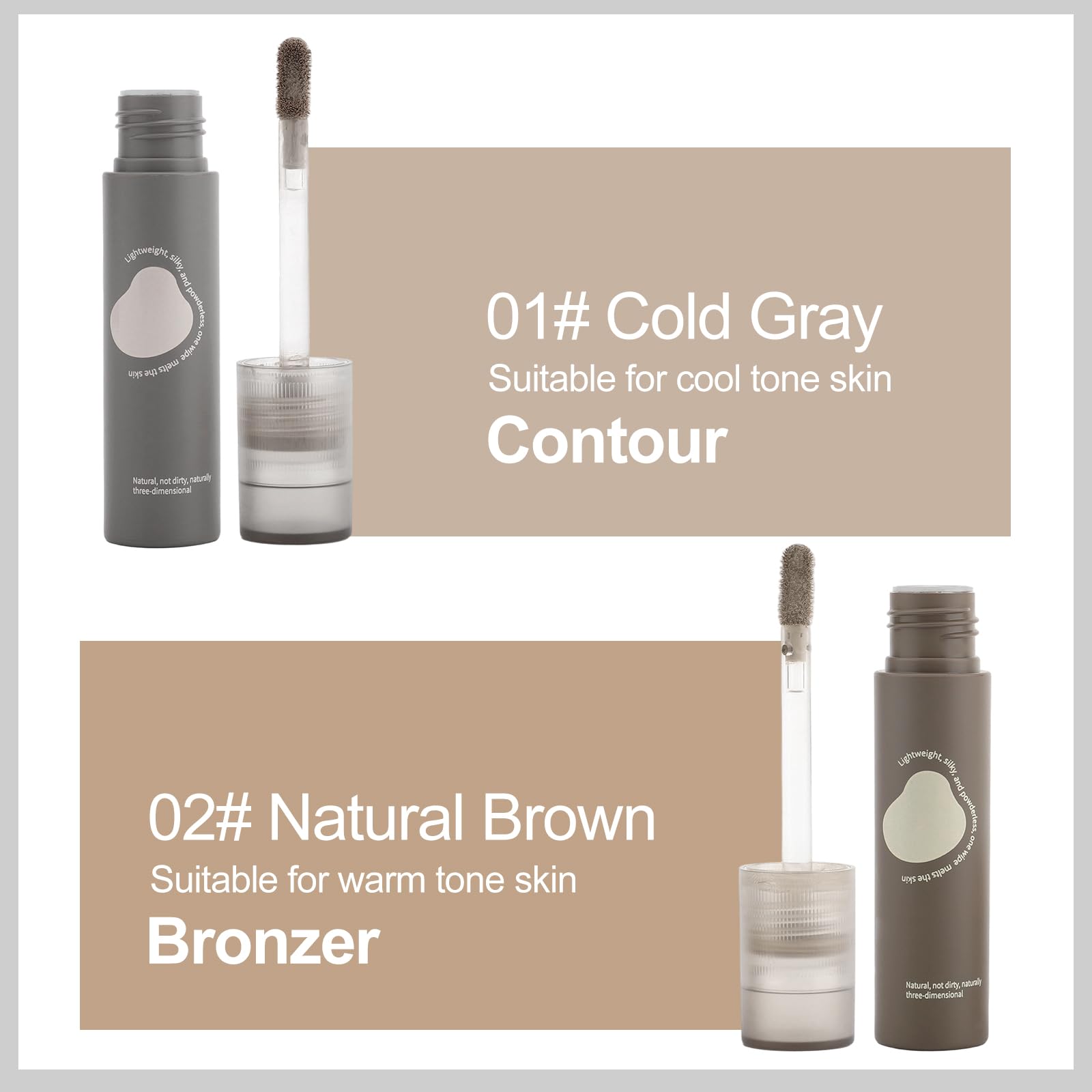 Erinde cream bronzer stick in shade 102 showing the cool grey liquid texture swatch on fair skin.