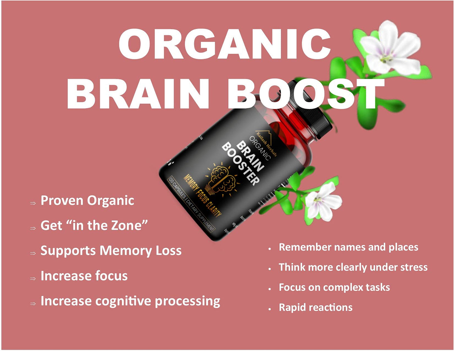 Side view of USDA Certified Organic Bacopa Monnieri 500mg capsules by Kailash Herbals showing clean vegan labels.