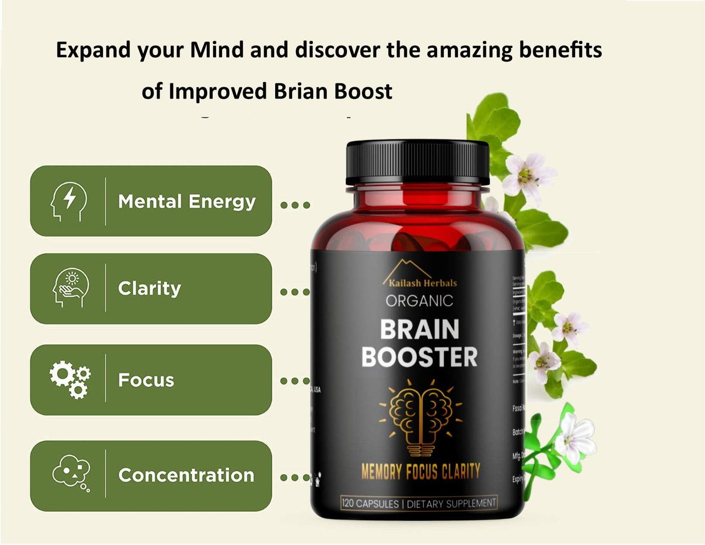 Authentic imported Kailash Herbals brain supplement bottle displaying the 120 vegan capsules count.