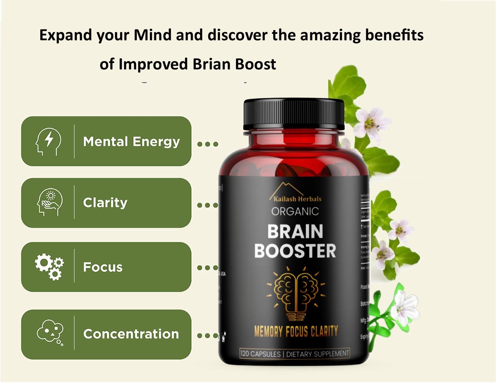 Authentic imported Kailash Herbals brain supplement bottle displaying the 120 vegan capsules count.