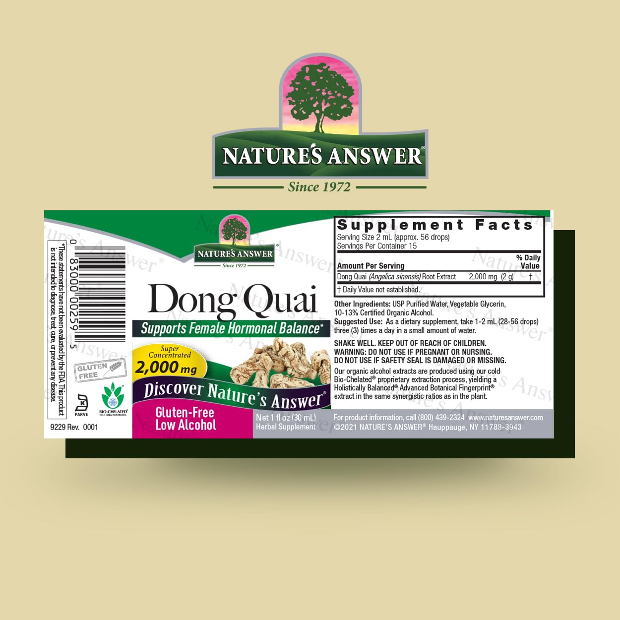 Nature's Answer alcohol free female wellness supplement dropper bottle label details.