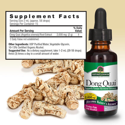 Side profile of imported Nature's Answer Dong Quai root 1 fluid ounce tincture.