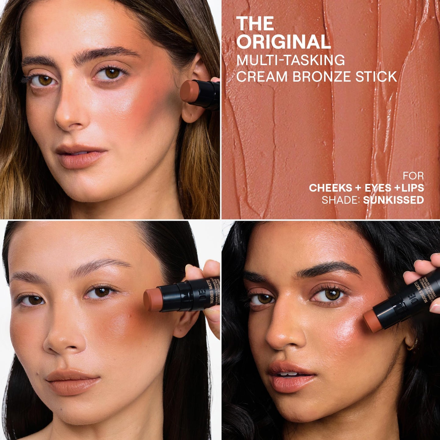 Nudestix Nudies Matte Sunkissed multi use makeup stick featuring the dual ended detachable blending brush tool.