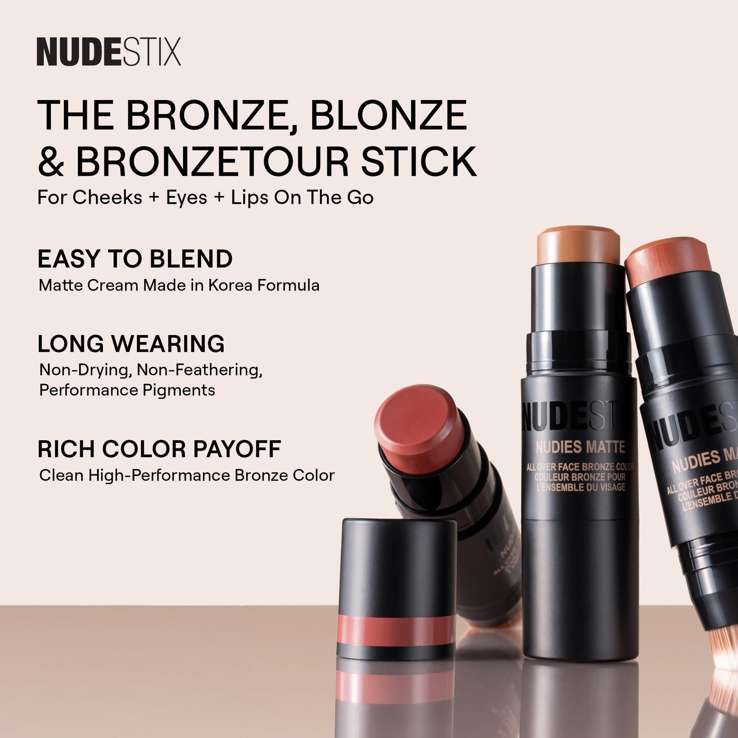 Demonstration of Nudestix Matte Bronzing Stick being applied to the cheekbones for a natural contoured finish.