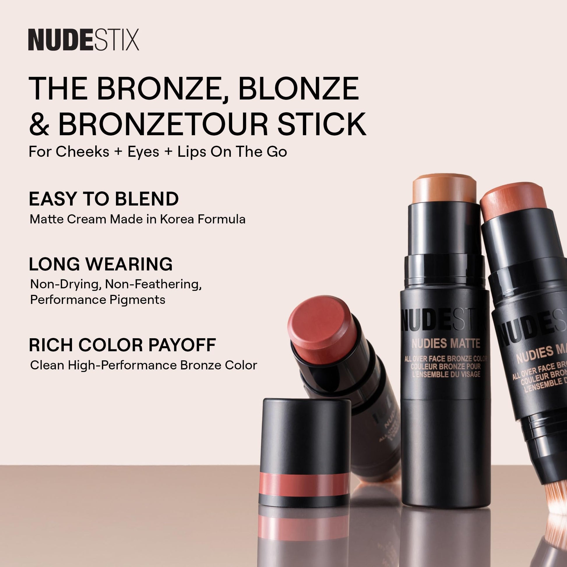 Demonstration of Nudestix Matte Bronzing Stick being applied to the cheekbones for a natural contoured finish.