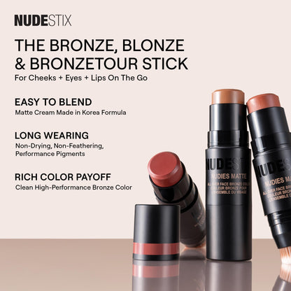 Demonstration of Nudestix Matte Bronzing Stick being applied to the cheekbones for a natural contoured finish.