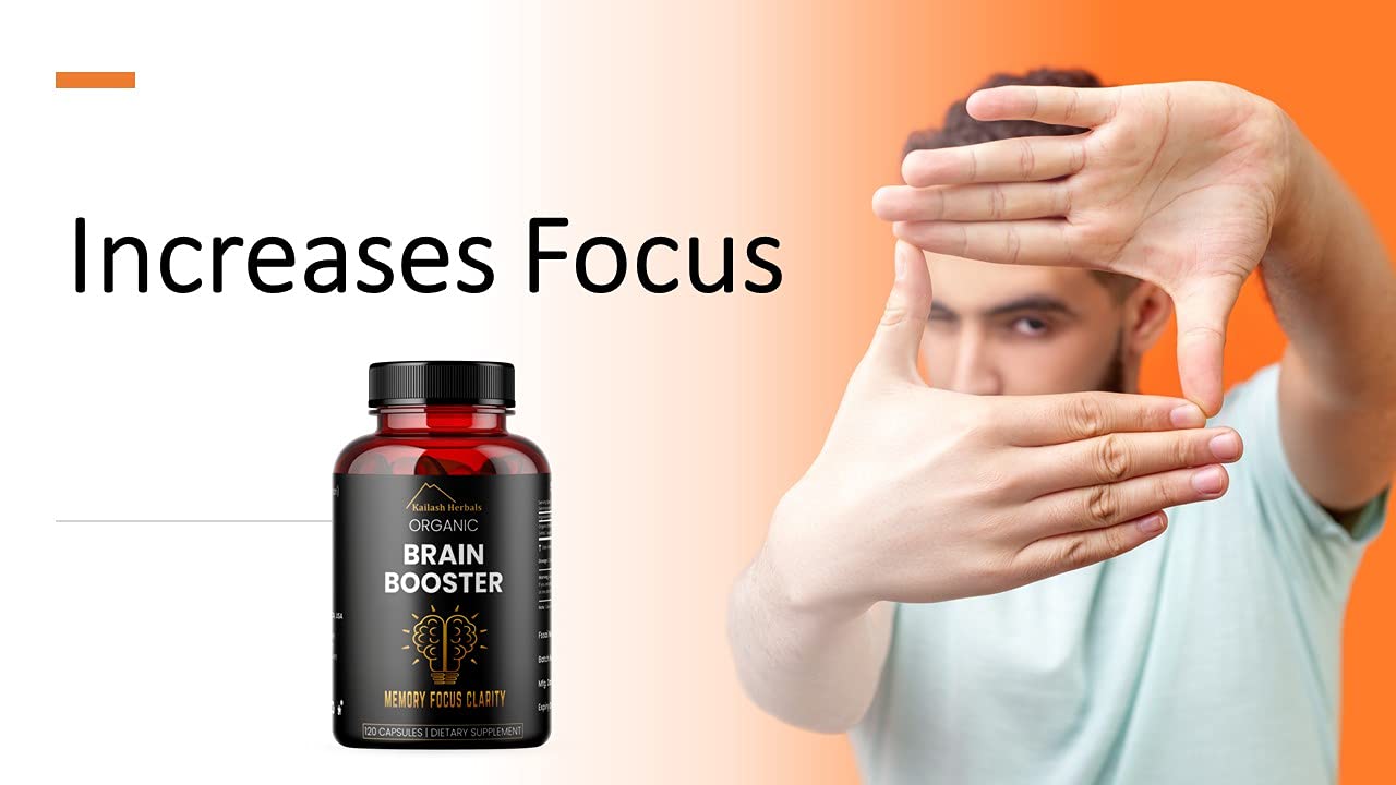 A capsule preview next to the Kailash Herbals Organic Brahmi bottle highlighting the plant based composition.