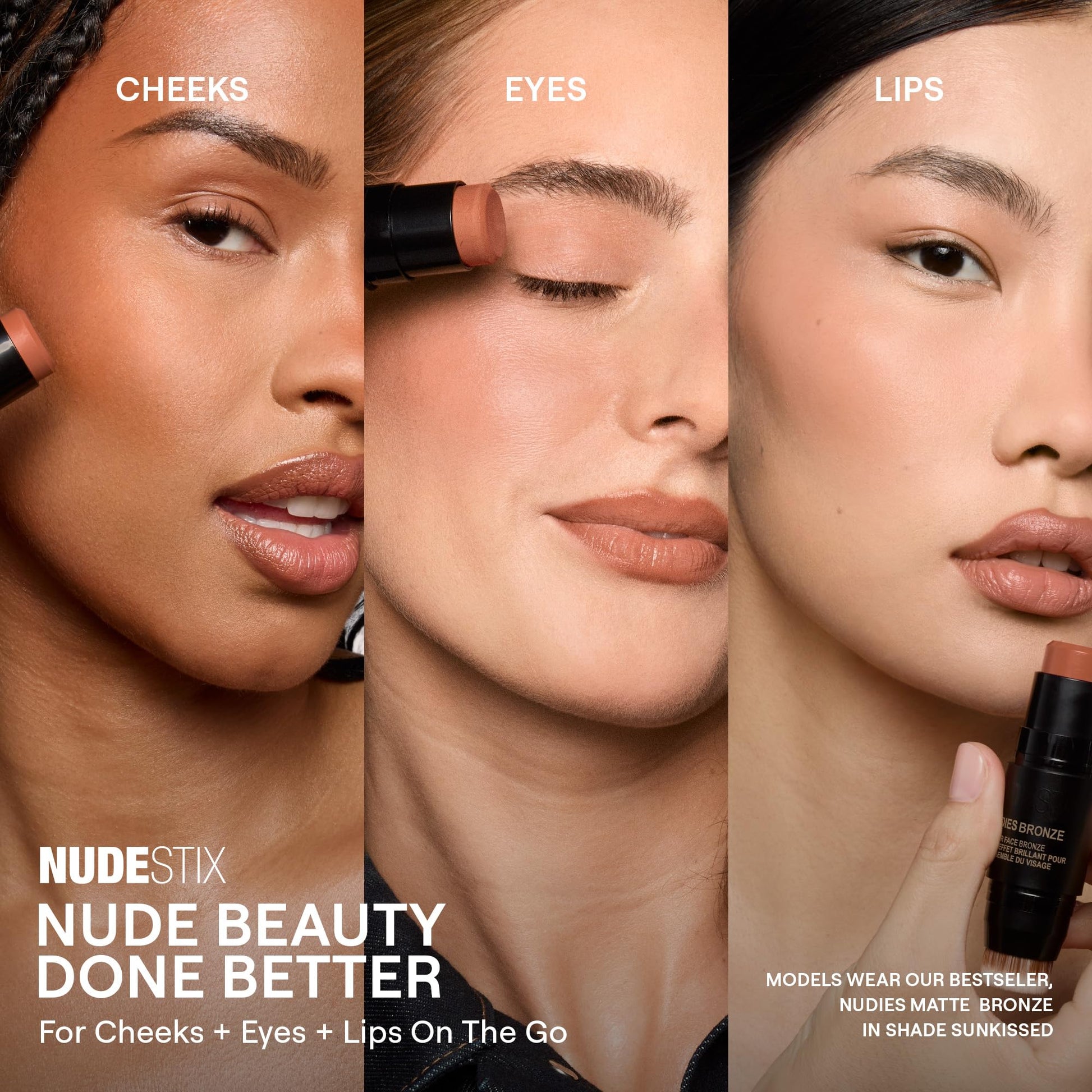 Side by side look at the dual ends of Nudestix All Over Face Color showcasing the bronzer balm and brush applicator.