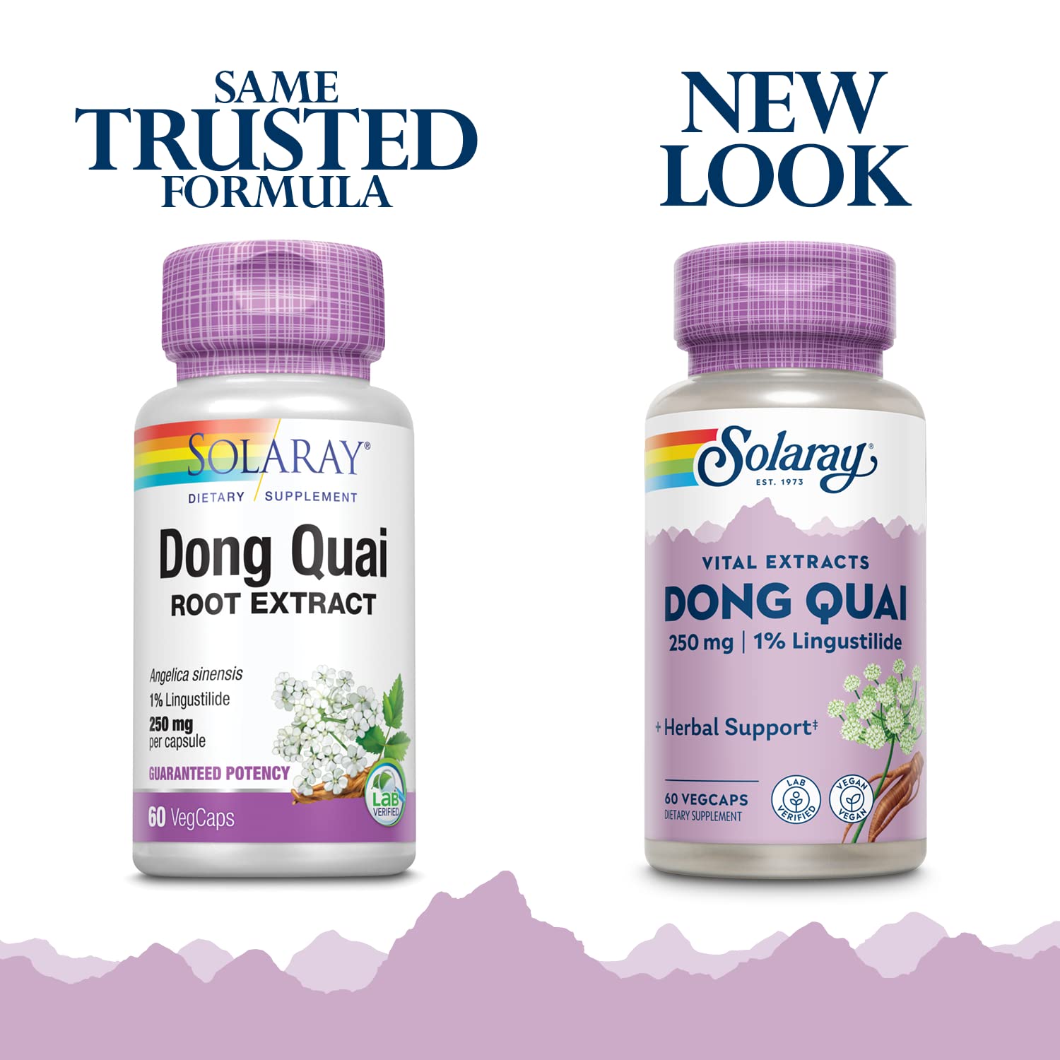 Supplement facts and clean vegan ingredients label on the back of Solaray Dong Quai Root 250 milligrams bottle