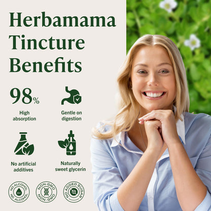 HERBAMAMA Bacopa Monnieri herbal tincture bottle placed on a clean background showing the premium imported seal.