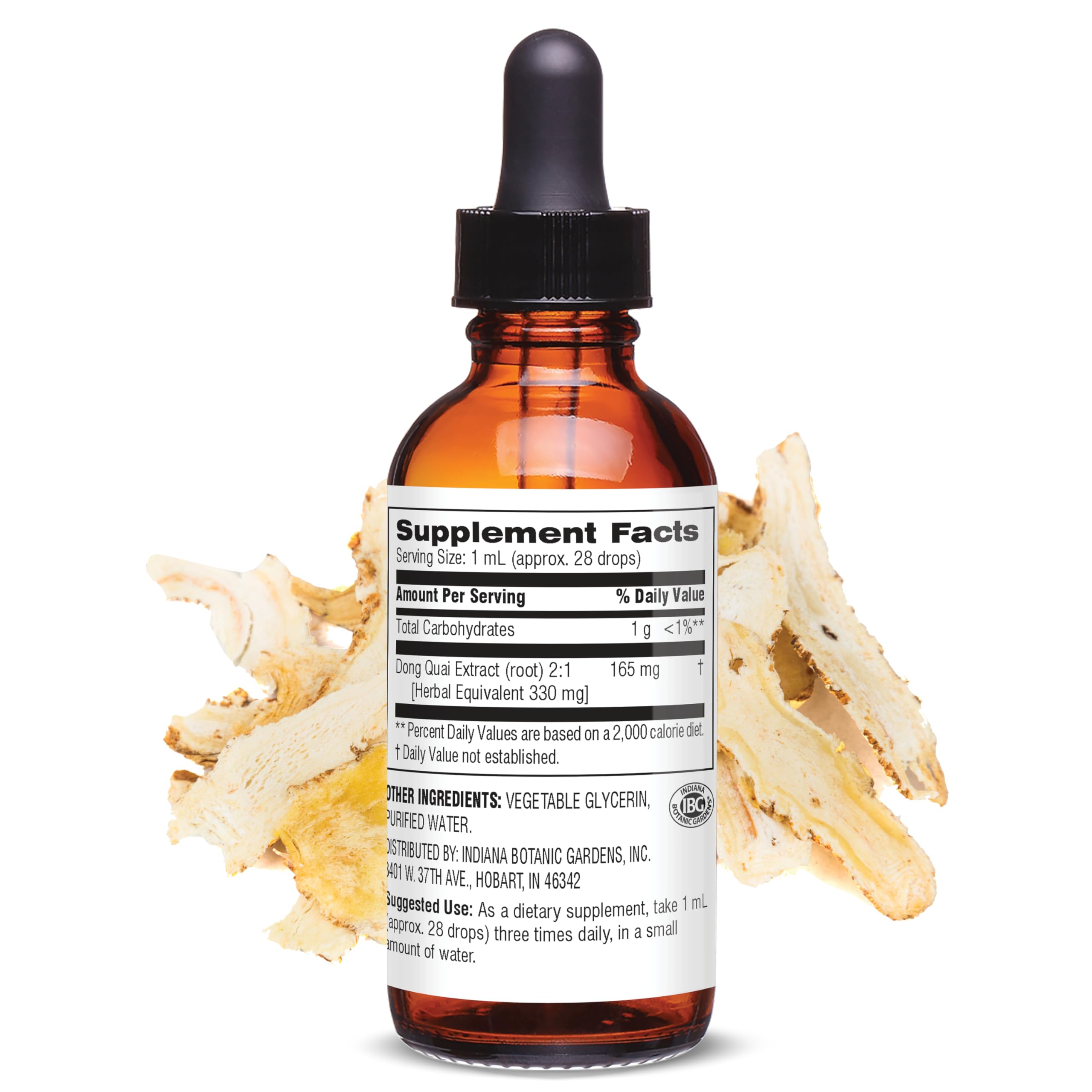 Side angle of alcohol free women wellness supplement bottle showcasing the easy to use dropper cap.