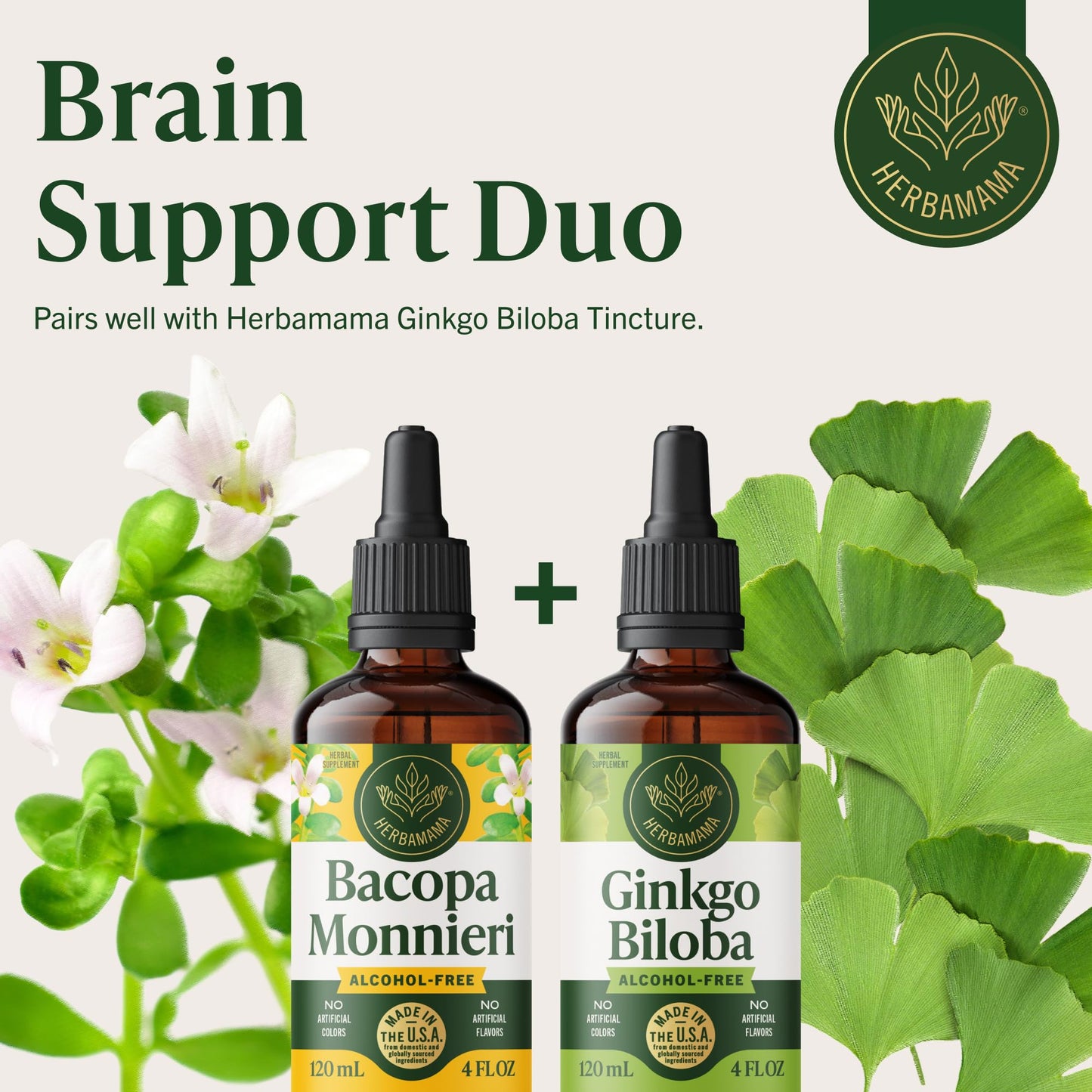 Complete product view of the USA imported HERBAMAMA cognitive clarity liquid supplement drops.