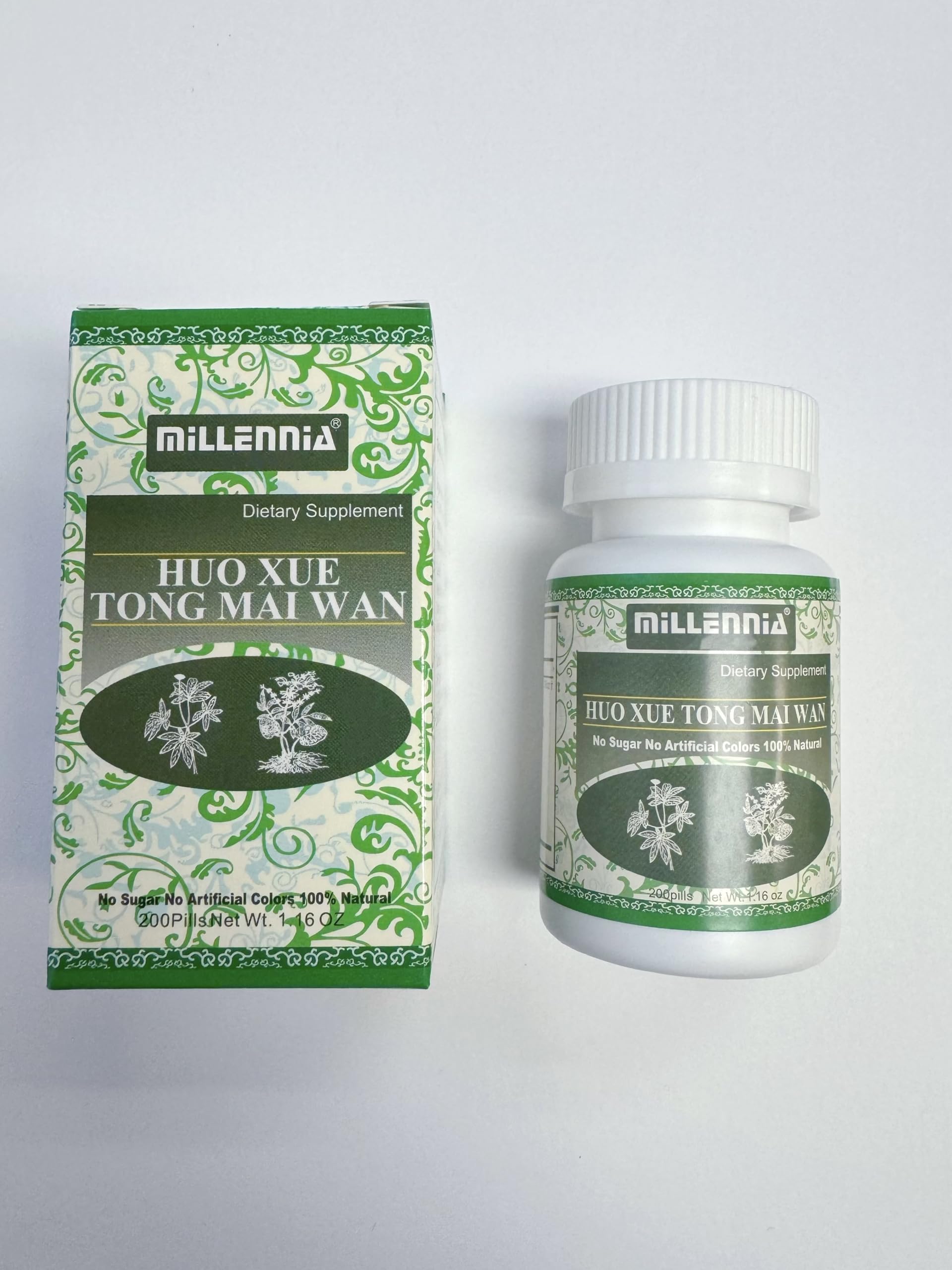 The 200 count bottle of Millennia Huo Xue Tong Mai Wan displaying authentic security seals.