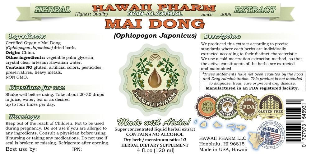 Hawaii Pharm Ophiopogon Japonicus alcohol free supplement bottle displaying ingredient facts