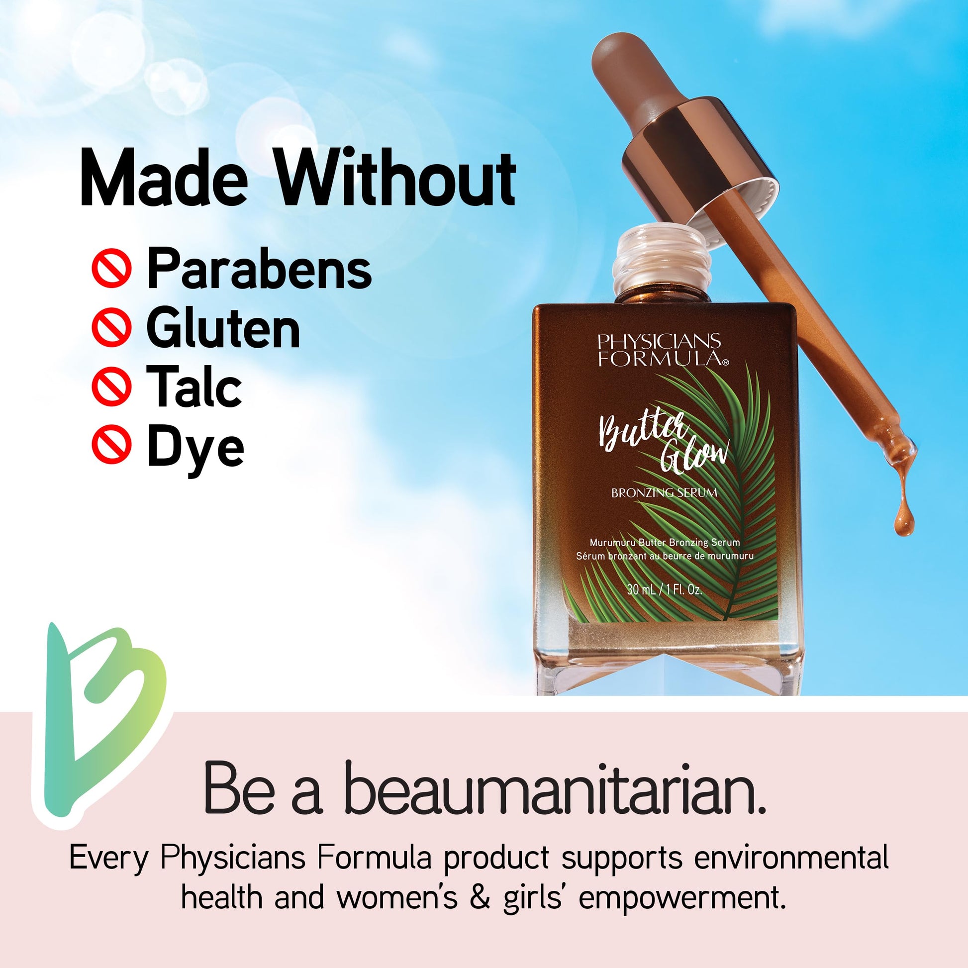 Physicians Formula 1 Fluid Ounce bronzing serum bottle held to display size and fluid consistency.