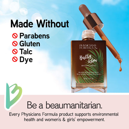 Physicians Formula 1 Fluid Ounce bronzing serum bottle held to display size and fluid consistency.