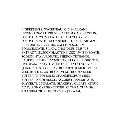 Physicians Formula Murumuru butter infused liquid bronzer bottle standing upright next to ingredients text.