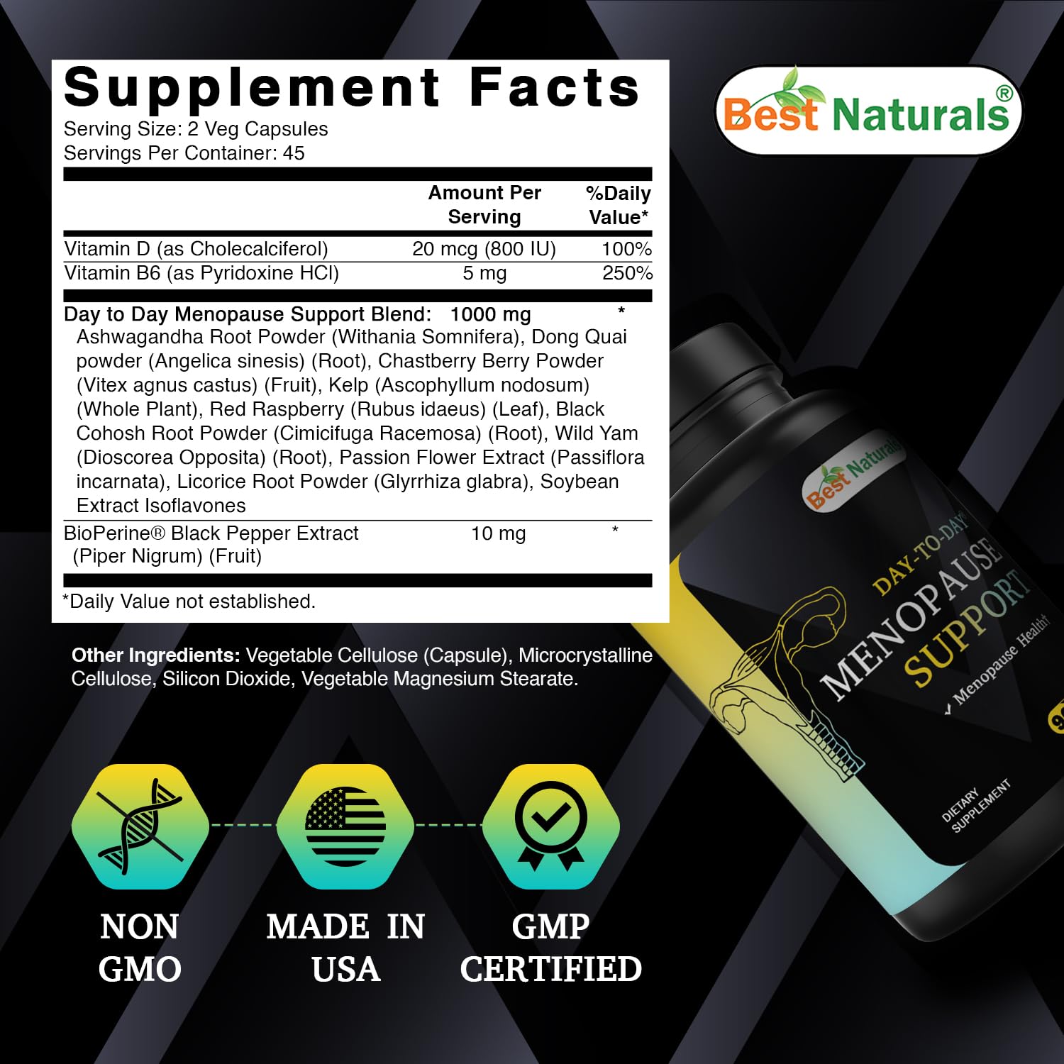 Best Naturals menopause supplement with ashwagandha and black cohosh ingredients list