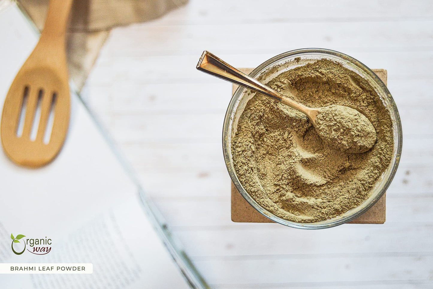 Organic Way Brahmi powder packaging showing USDA Organic and Kosher certification seals.