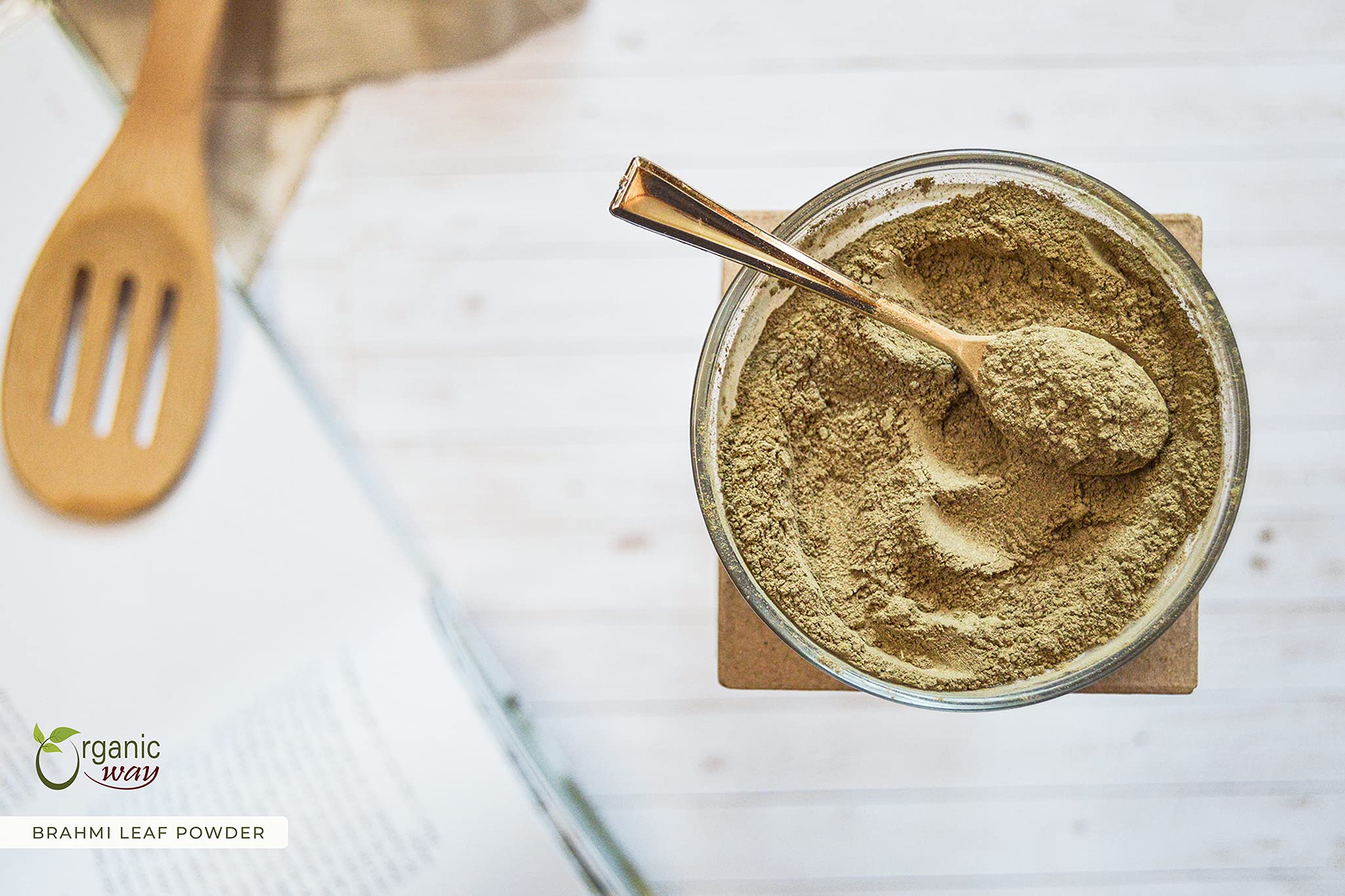 Organic Way Brahmi powder packaging showing USDA Organic and Kosher certification seals.