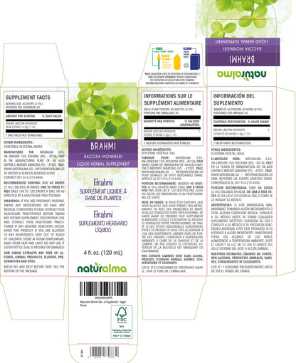 Naturalma Brahmi liquid extract bottle showing ingredients and alcohol free supplement facts