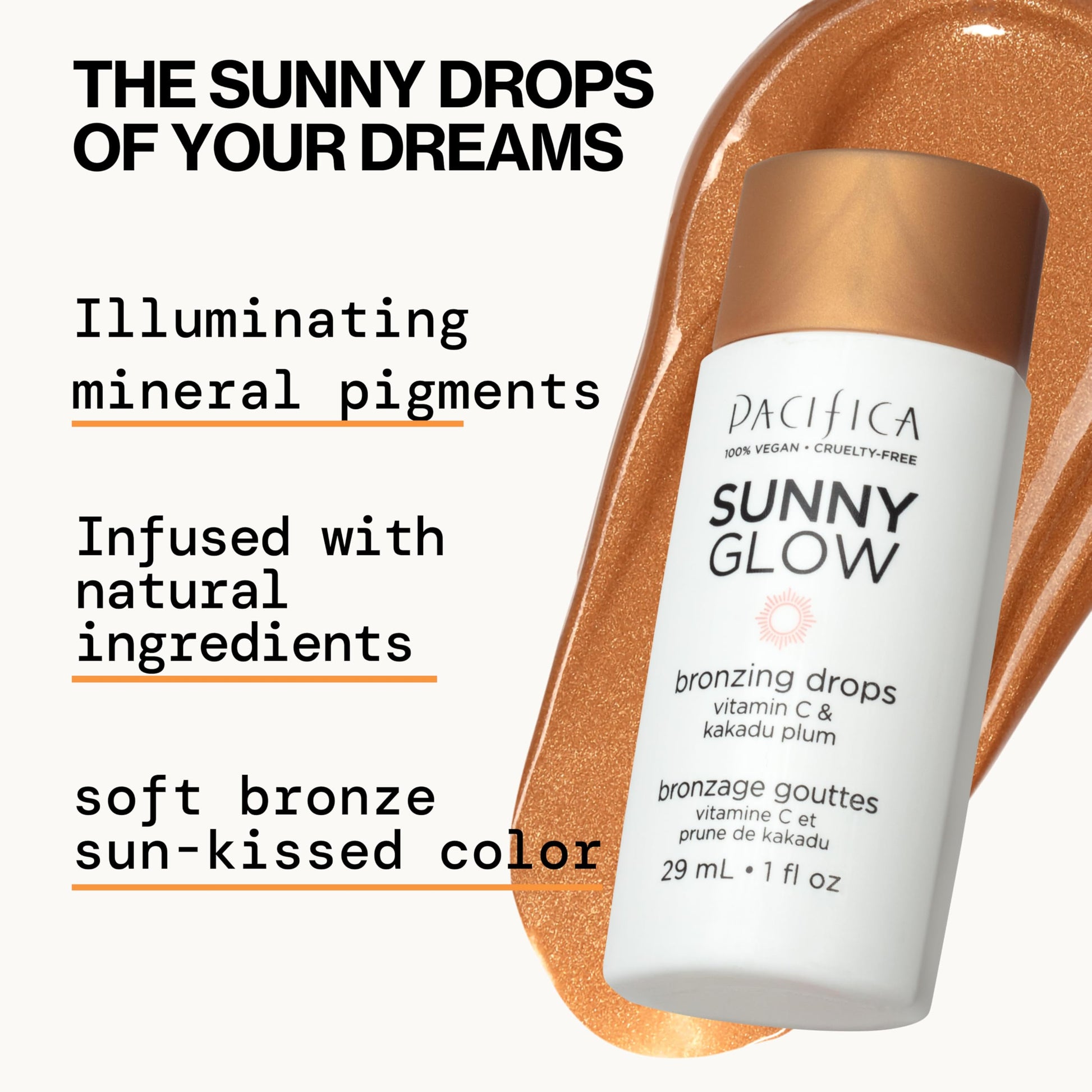 Pacifica sunny glow drops bottle side view displaying product volume details