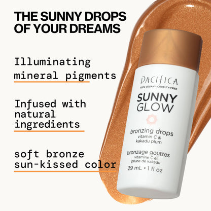 Pacifica sunny glow drops bottle side view displaying product volume details