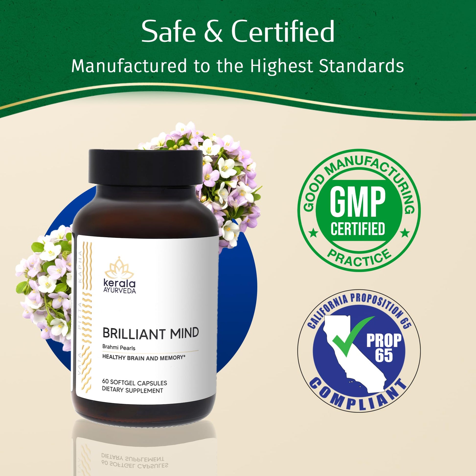 USA sourced Kerala Ayurveda cognitive enhancement softgels bottle display