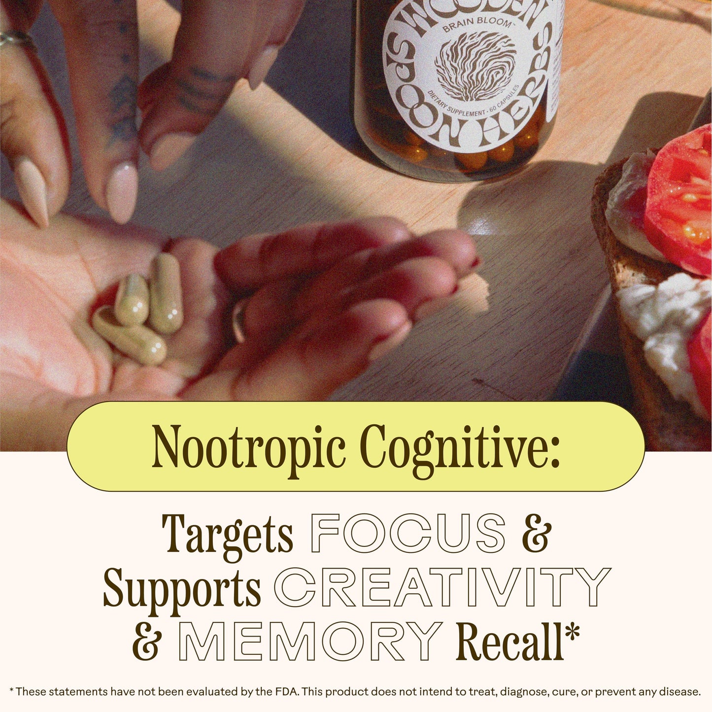 Back label of Wooden Spoon Herbs cognitive capsules showing certified organic ingredients list