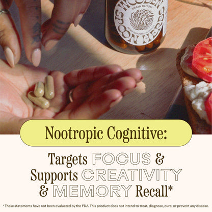 Back label of Wooden Spoon Herbs cognitive capsules showing certified organic ingredients list
