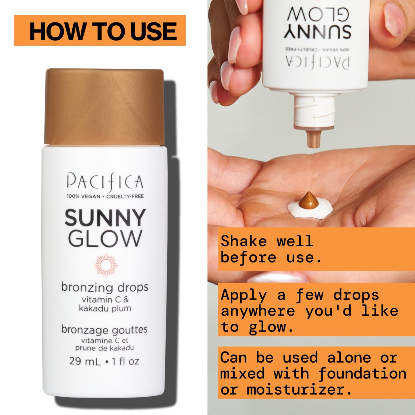 Pacifica liquid face bronzer drops container placed next to natural citrus skincare ingredients