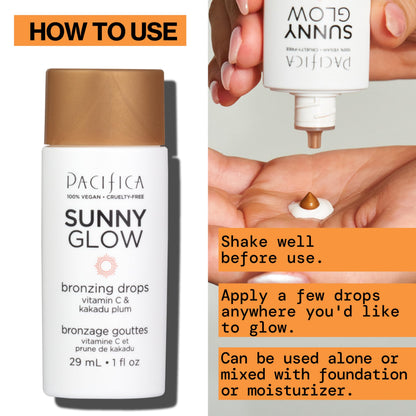 Pacifica liquid face bronzer drops container placed next to natural citrus skincare ingredients