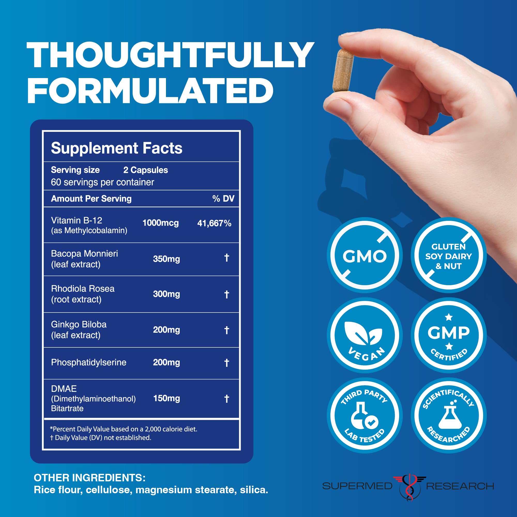 Supermed Research Mindful Clarity vegan nootropic brain supplement packaging details.
