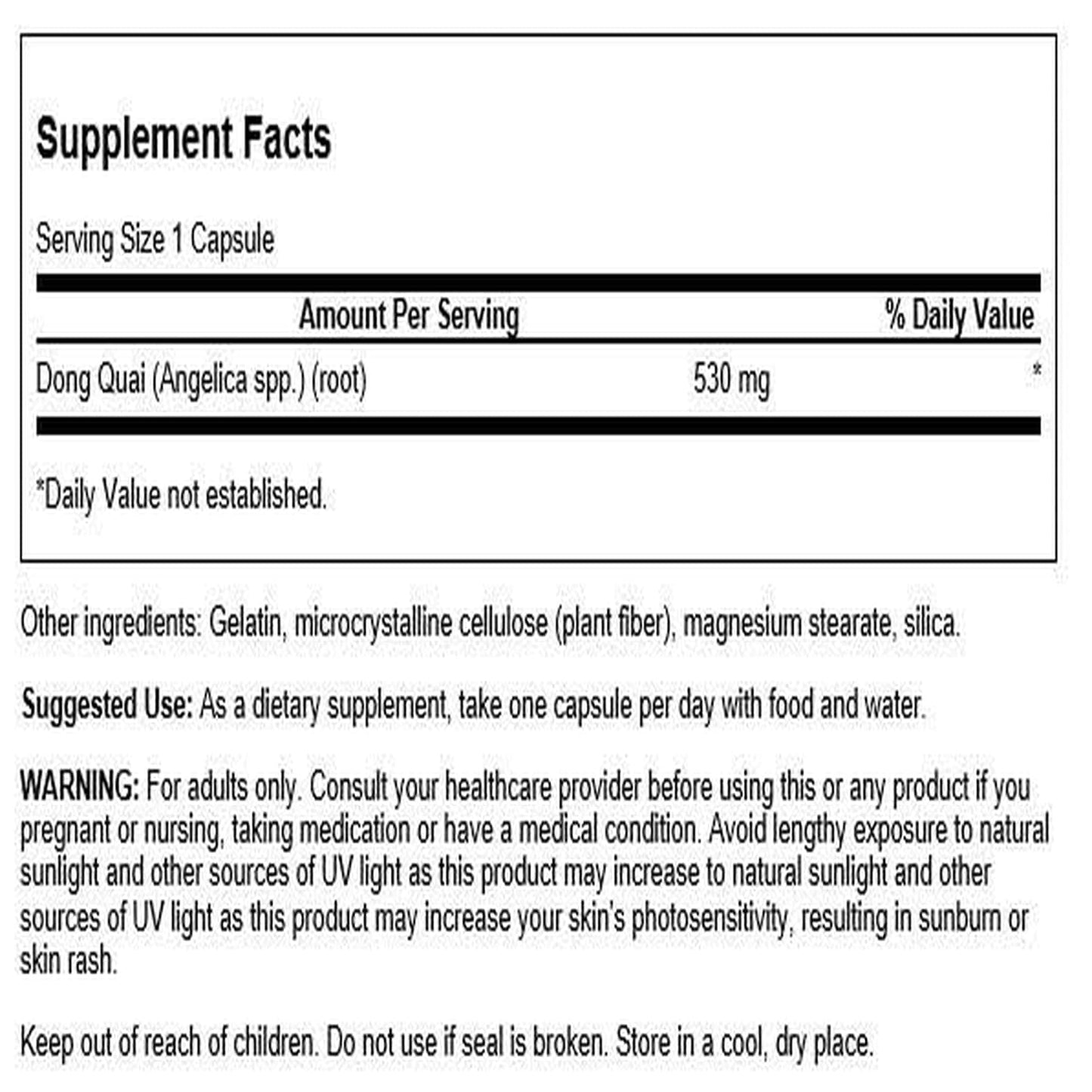 Swanson Angelica sinensis root capsules supplement bottle back label showcasing ingredient facts and details