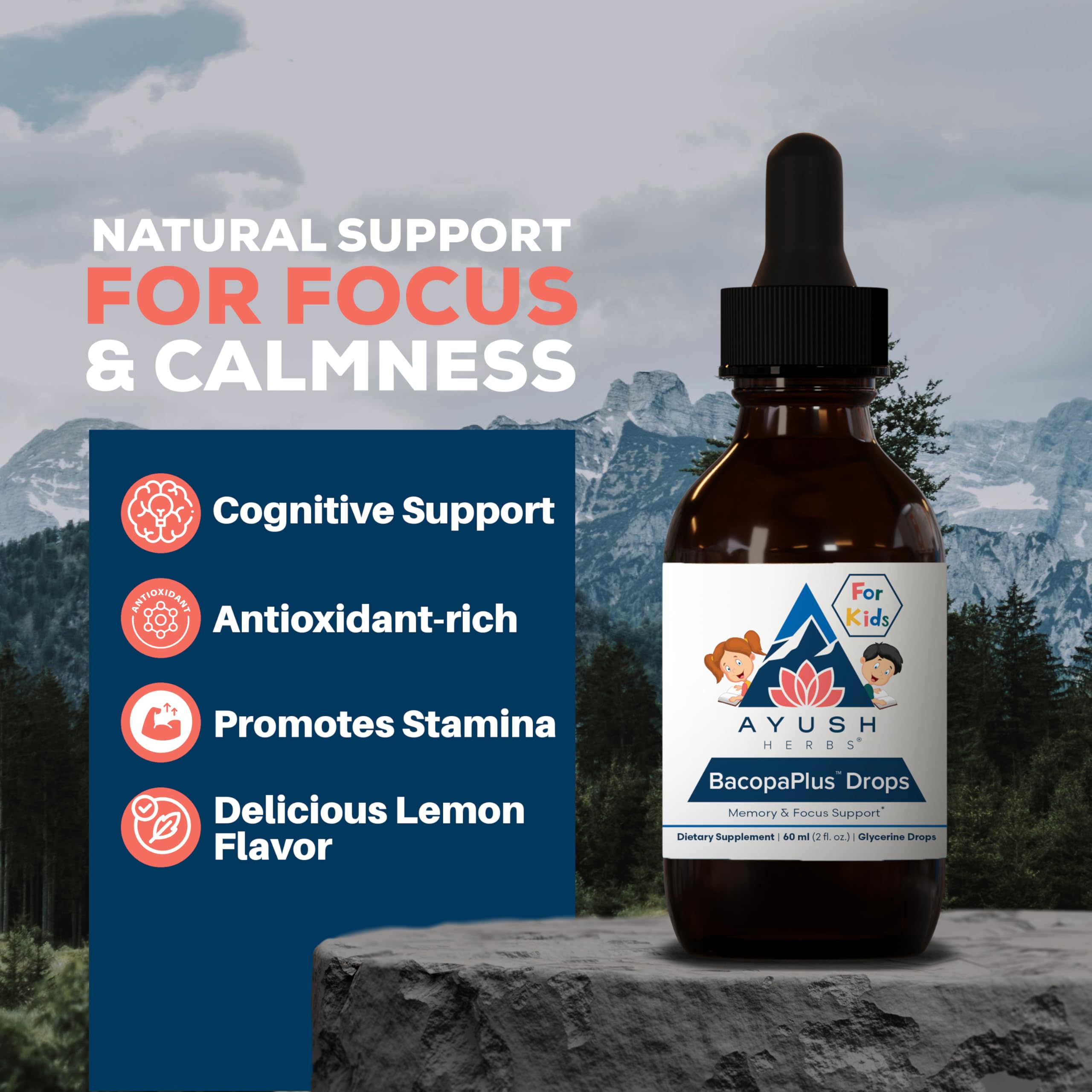 Side angle of Ayush Herbs kids brain focus supplement showing natural ingredients list and usage directions.