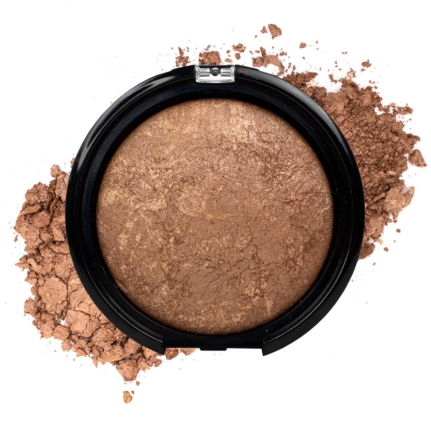 Highly pigmented baked bronzer makeup swatch on medium skin tone